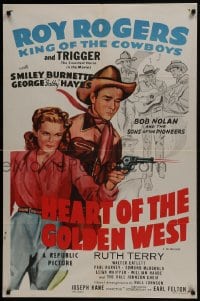 5k372 HEART OF THE GOLDEN WEST 1sh R1955 cool art of Roy Rogers by Ruth Terry shooting gun!