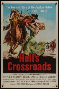 5k375 HELL'S CROSSROADS 1sh 1957 Stephen McNally as Jesse James on horse & sexy Peggy Castle!
