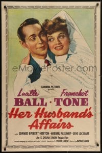 5k377 HER HUSBAND'S AFFAIRS 1sh 1947 great romantic artwork of Lucille Ball & Franchot Tone!