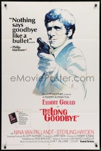5k484 LONG GOODBYE int'l 1sh 1973 artwork of Elliott Gould as Philip Marlowe with gun by Vic Fair!