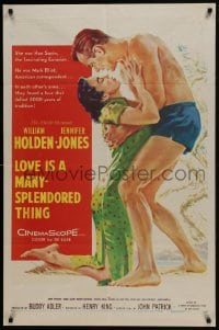 5k494 LOVE IS A MANY-SPLENDORED THING 1sh 1955 art of William Holden holding sexy Jennifer Jones!
