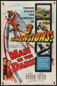 5k514 MAN IN THE DARK 3D 1sh 1953 really cool art of men fighting on rollercoaster!