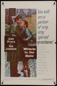 5k545 MIRACLE IN THE RAIN 1sh 1956 great full-length romantic art of Jane Wyman & Van Johnson!