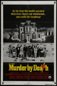 5k567 MURDER BY DEATH 1sh 1976 great Charles Addams art of cast by dead body, yellow title design!