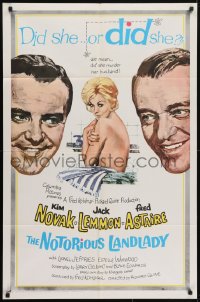 5k607 NOTORIOUS LANDLADY 1sh 1962 art of sexy Kim Novak between Jack Lemmon & Fred Astaire!