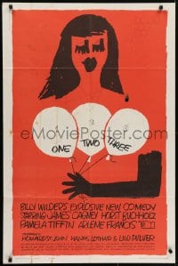 5k627 ONE, TWO, THREE 1sh 1962 Billy Wilder, wonderful Saul Bass art of girl with balloons!
