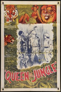 5k688 QUEEN OF THE JUNGLE 1sh R1940s the triumphant animal wild serial, cool artwork!