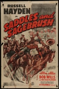 5k734 SADDLES & SAGEBRUSH 1sh 1943 Russell Hayden, Ann Savage, Dub Taylor, cowboy western artwork!