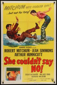 5k762 SHE COULDN'T SAY NO style A 1sh 1954 sexy short-haired Jean Simmons, Dr. Robert Mitchum