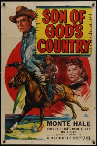5k796 SON OF GOD'S COUNTRY 1sh 1948 art of Monte Hale on horse with gun + gorgeous Pamela Blake!