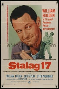 5k809 STALAG 17 1sh R1959 different huge c/u of William Holden, Billy Wilder WWII POW classic!