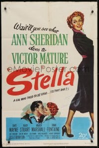 5k821 STELLA 1sh 1950 full-length art of sexy Ann Sheridan trying to be good to Victor Mature!