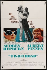5k910 TWO FOR THE ROAD 1sh 1967 Audrey Hepburn & Albert Finney embrace, directed by Stanley Donen!