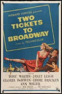5k911 TWO TICKETS TO BROADWAY 1sh 1951 great artwork of Janet Leigh & Tony Martin, Howard Hughes!