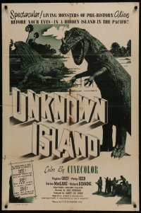 5k920 UNKNOWN ISLAND 1sh 1948 different b/w design & images of prehistoric dinosaurs, rare!