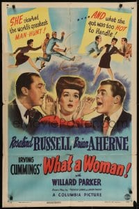 5k957 WHAT A WOMAN style B 1sh 1943 Rosalind Russell, Brian Aherne, merriest man-hunt in kisstory!