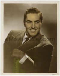 5m979 TYRONE POWER JR. color 11x14 still 1940s head & shoulders portrait leaning over back of chair!
