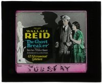 5m478 GHOST BREAKER glass slide 1922 close up of Wallace Reid & Lila Lee + artwork of ghosts!