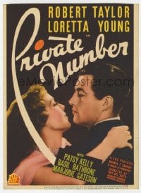 5m027 PRIVATE NUMBER mini WC 1936 c/u of sexy Loretta Young about to kiss Robert Taylor, rare!