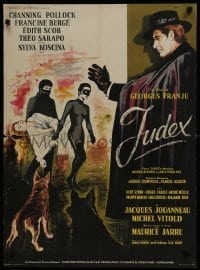 5p599 JUDEX French 23x31 1963 cool Xarrie artwork of caped master criminal & masked kidnappers!