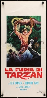 5p982 TARZAN'S SAVAGE FURY Italian locandina R1970s art of Barker vs natives, Edgar Rice Burroughs