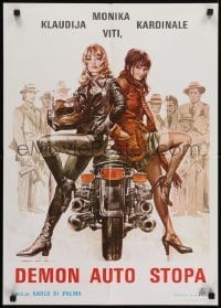 5p270 BLONDE IN BLACK LEATHER Yugoslavian 20x28 1975 Monica Vitti & Cardinale on motorcycle!