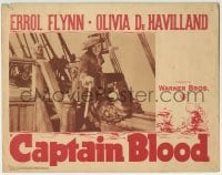 5r317 CAPTAIN BLOOD LC R1947 c/u of pirate Errol Flynn with sword on ship, Michael Curtiz classic!