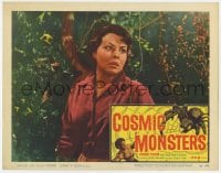 5r373 COSMIC MONSTERS LC 1958 close up of terrified Gaby Andre, cool giant spider border art!
