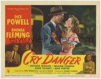 5r394 CRY DANGER LC #1 1951 close up of Dick Powell embracing pretty Rhonda Fleming, film noir!