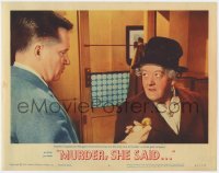 5r685 MURDER SHE SAID LC #6 1961 Margaret Rutherford as Miss Marple examining clue with Tingwell!