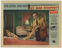 5r689 MY MAN GODFREY LC #4 1957 butler David Niven helps pretty Martha Hyer with her shoe!