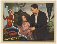 5r698 NICE GIRL LC 1941 close up of Robert Benchley putting pretty Deanna Durbin to bed!
