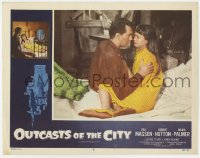 5r716 OUTCASTS OF THE CITY LC #5 1958 Robert Hutton comforts sad Osa Massen laying on bed!