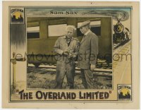 5r719 OVERLAND LIMITED LC 1925 close up of two men standing by train, cool railroad border art!