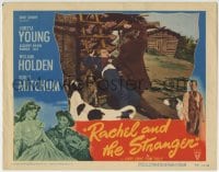 5r759 RACHEL & THE STRANGER LC 1948 Robert Mitchum attacking William Holden leaning on ladder!