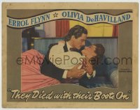 5r894 THEY DIED WITH THEIR BOOTS ON LC 1941 romantic close up of Errol Flynn & Olivia De Havilland!