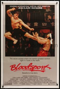 5s127 BLOODSPORT 1sh 1988 cool image of Jean Claude Van Damme kicking Bolo Yeung in his huge pecs!