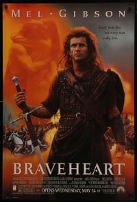 5s139 BRAVEHEART advance 1sh 1995 cool image of Mel Gibson as William Wallace!