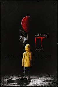 5s449 IT teaser DS 1sh 2017 creepy image of Pennywise handing child balloon, you'll float too!