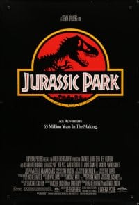 5s462 JURASSIC PARK DS 1sh 1993 Steven Spielberg, classic logo with T-Rex over red background