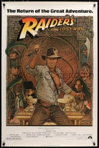 5s697 RAIDERS OF THE LOST ARK 1sh R1980s great art of adventurer Harrison Ford by Richard Amsel!