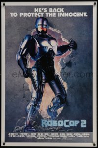 5s726 ROBOCOP 2 int'l 1sh 1990 full-length cyborg policeman Peter Weller busts through wall, sequel!