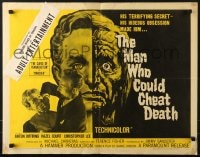5t769 MAN WHO COULD CHEAT DEATH style B 1/2sh 1959 Hammer horror, cool half-alive & half-dead headshot art!