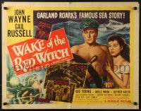 5t963 WAKE OF THE RED WITCH style B 1/2sh 1949 art of barechested John Wayne & Gail Russell at ship's wheel!