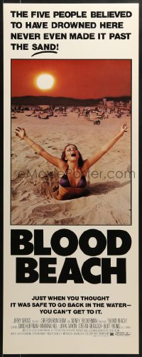 5t049 BLOOD BEACH insert 1981 Jaws parody tagline, image of sexy girl in bikini sinking in sand!