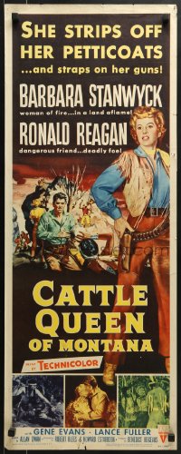 5t078 CATTLE QUEEN OF MONTANA insert 1954 Barbara Stanwyck straps on her guns, Ronald Reagan!