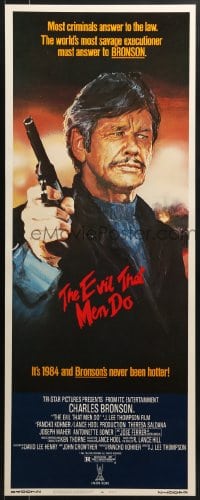 5t120 EVIL THAT MEN DO insert 1984 close-up art of tough guy Charles Bronson with pistol!