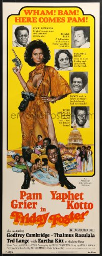 5t134 FRIDAY FOSTER insert 1976 artwork of sexiest Pam Grier with gun and camera!