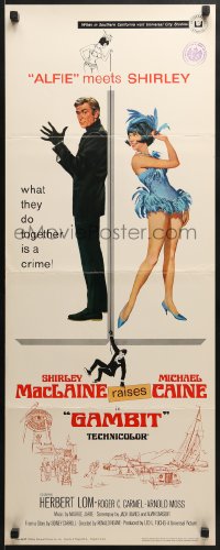 5t136 GAMBIT insert 1967 art of Shirley MacLaine & Michael Caine preparing for crime!