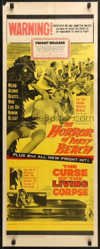 5t167 HORROR OF PARTY BEACH/CURSE OF THE LIVING CORPSE insert 1964 fantastic c/u of monster w/girl!
